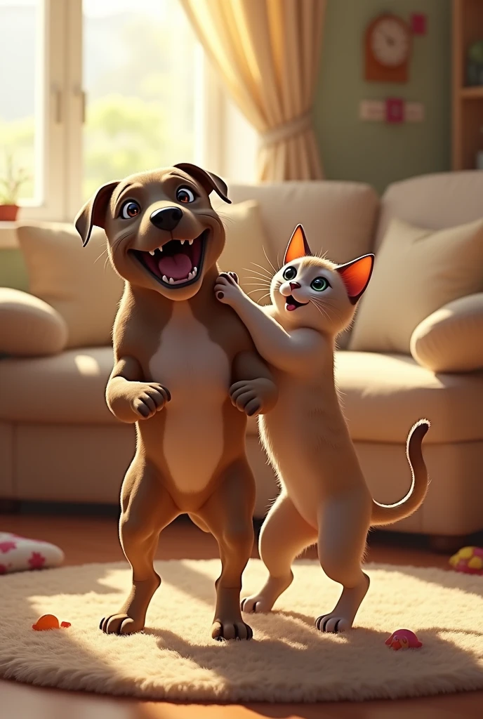 Create a pitbull dog and a Siamese cat playing very happily