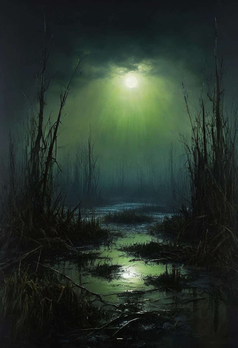 painting of a swamp, dark atmosphere, cinematic scene, volumetric lights, ultra realistic, in the style of nicola samori