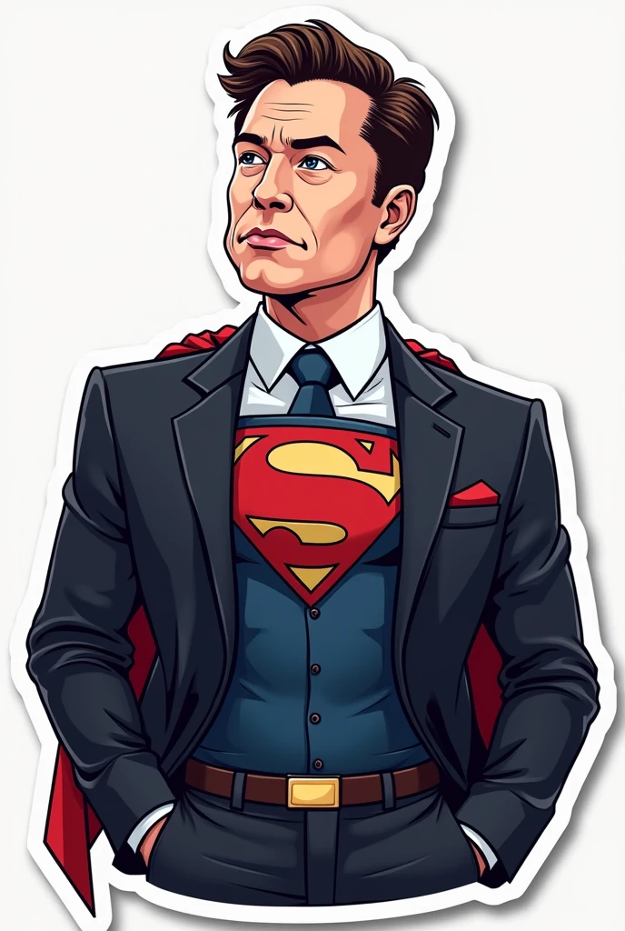 Vector image sticker art of Elon Musk in suit and tie as superman cartoonistic realistic face 