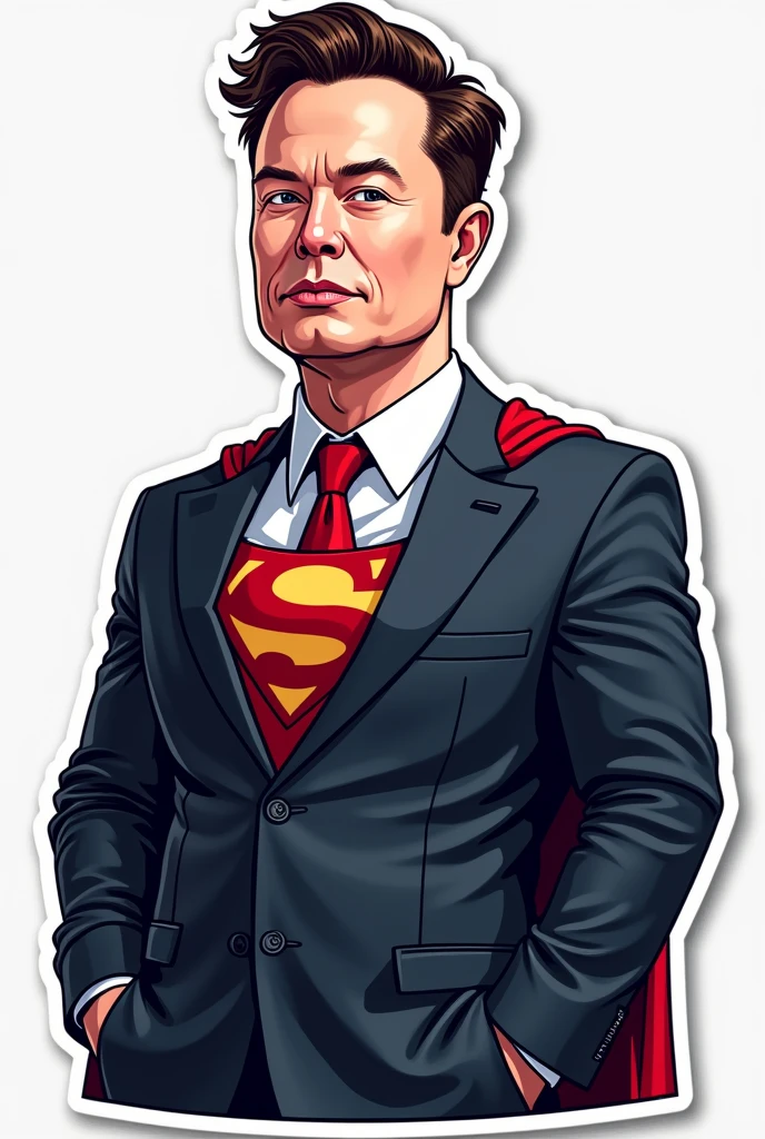 Vector image sticker art of Elon Musk in suit and tie as superman cartoonistic realistic face