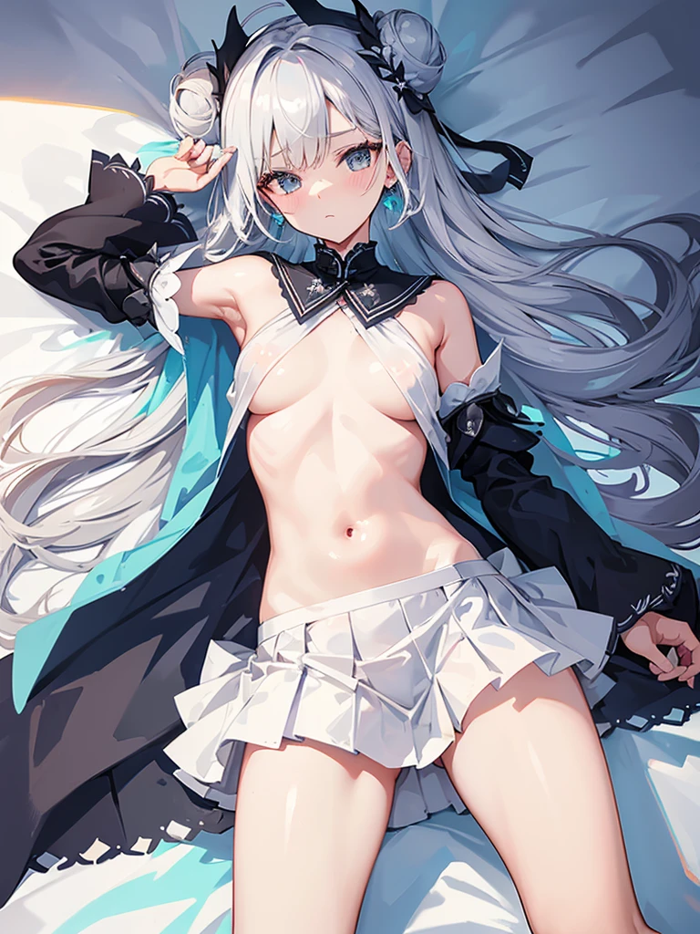 clear skin, Raise and spread your legs, look like enjoy，hot，that place be entered, lie down，strut pussy with your fingers, bob, pink nipa, cute, sexy, blush, chest, tummy, stomac, clear skin，1 girl, Seven-doppelganger shot, Light blue, grayish-white long hair，A green silk headband was tied to the ring bun，A black eye patch with a silver moon motif。Right、There is a drop earring on the chest and back。The entire garment is composed of azure and smoky blue pieces and edges，and hollowed out on the sides and back。The surface of the garment is embellished with moire and back lines。Wrapped inside is a light-colored petal-shaped pleated skirt，Silver shoulder armor with flower-shaped sleeves。The back is a tie that combines a leafed cape and a streamer，The structure on the arm is a military uniform，The part of the chest and abdomen is dark in color。Knee-length boots on his feet。Epiphany tied to his arm