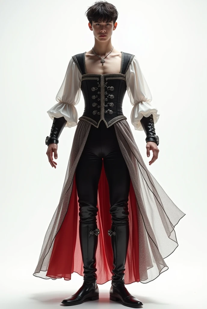 Whole body,white teenage man wears square neck boy ballet jacket, silver jewelry, transparent fabrics with glitter,black with red color, medieval, silk fabric, corset,along with pants with a skirt behind,ancient, delicate, Royals, delicate, Simple, White background, vista Whole body
