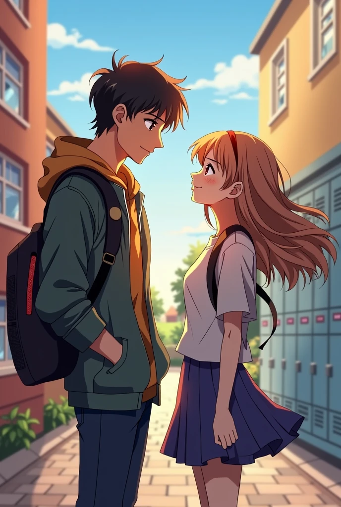 beautiful shy girl look her handsome boyfriend anime style high quality and add background high school couple adolescence