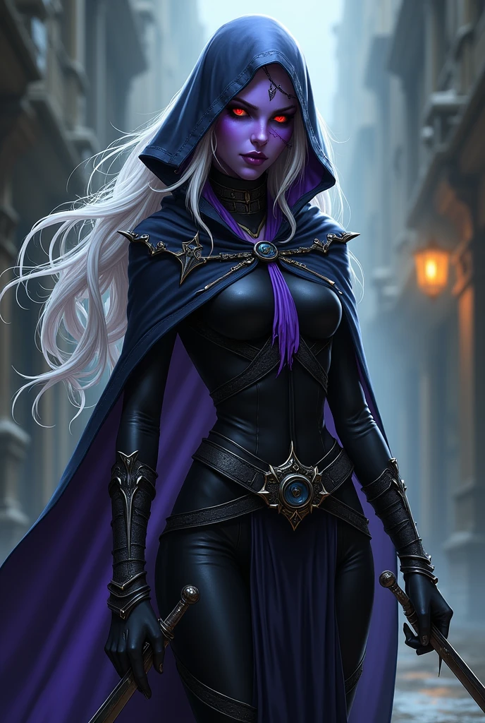 elfa drow, purple skin, Eyes red, white hair, assassin outfit with two daggers, scar on eye, hood on the head, Ear Body Piercing, cloth covering mouth