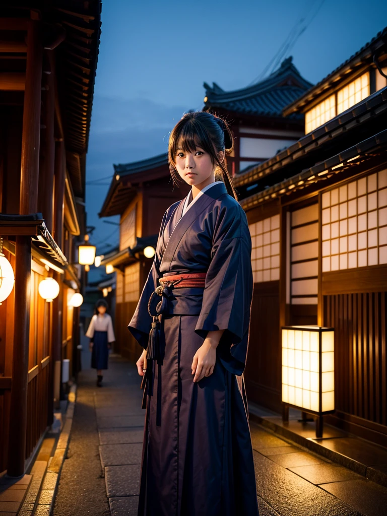 Japanese female elementary school student in Gion at dusk, cosplaying as Okita Souji of the Shinsengumi