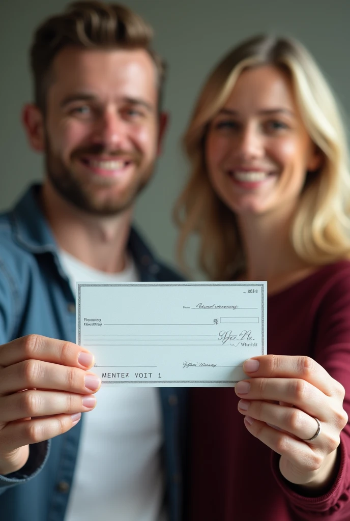 Two people holding a blank bank check in their hands