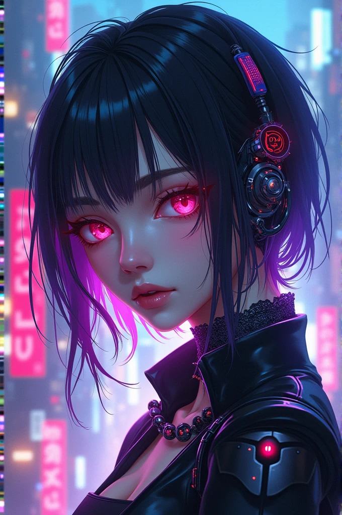 masterpiece, best quality, illustration, drink acup of coffe, beautiful detailed eyes, colorful background, mechanical prosthesis, mecha coverage, emerging dark purple across with white hair, pig tails, disheveled hair, fluorescent purple, cool movement, rose red eyes, beatiful detailed cyberpunk city, multicolored hair, beautiful detailed glow, 1 girl, expressionless, cold expression, insanity, long bangs, long hair, lace, dynamic composition, motion, ultra - detailed, incredibly detailed, a lot of details, amazing fine details and brush strokes, smooth, hd semirealistic anime cg concept art digital painting, cyborg style,