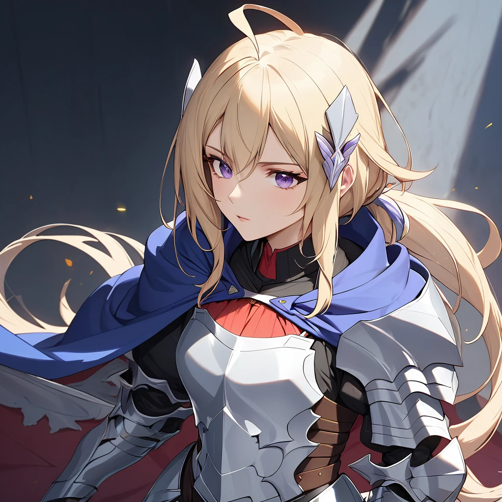 Ines, One girl, armor, Blonde, Long Hair, low ponytail, Ahoge, Purple eyes、Asymmetrical blue cape、Silver hair ornament、break masterpiece、Beautiful attention to detail:1.2, Perfect lighting, (perfect hand, perfect anatomy), Precise depiction、Vibrant colors