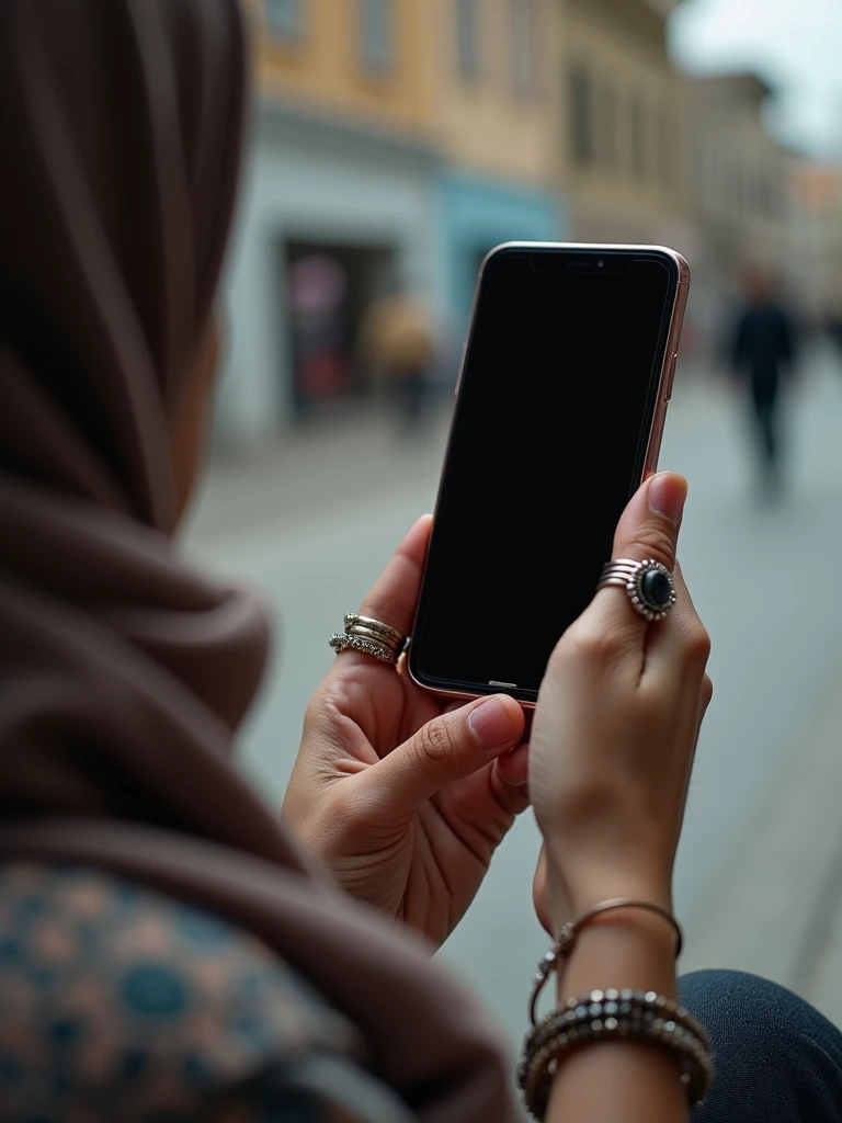 a hijabi girl taking his hands photo while she have phone on his hand in Ozbakistan that show that she is in ozbakistan clearly. Show only her hand and phone. Phone while screan is sholud be off or black only Realistik 4k.