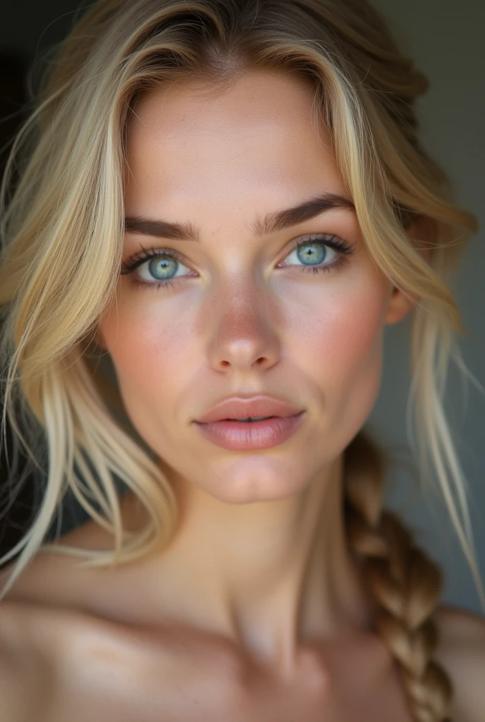 Generate a beautiful blonde woman, blue eyes, light skin and showing her vagina