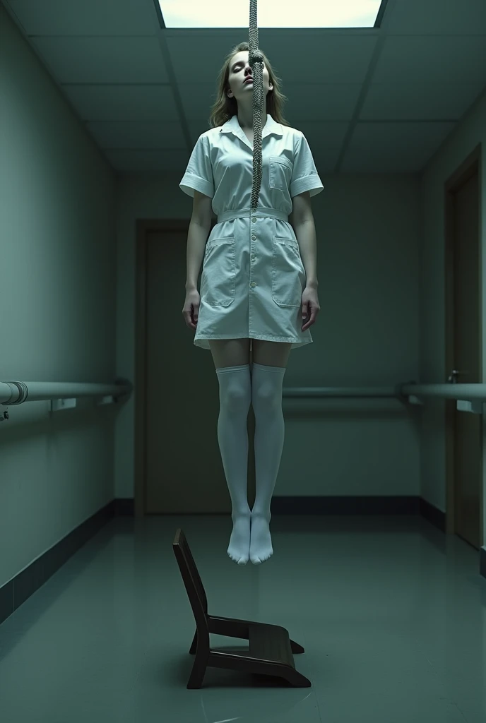 Nurse scene in white thigh high socks, hanged, thòng lọng, hovering in the air , The chair fell at the nurse's feet.