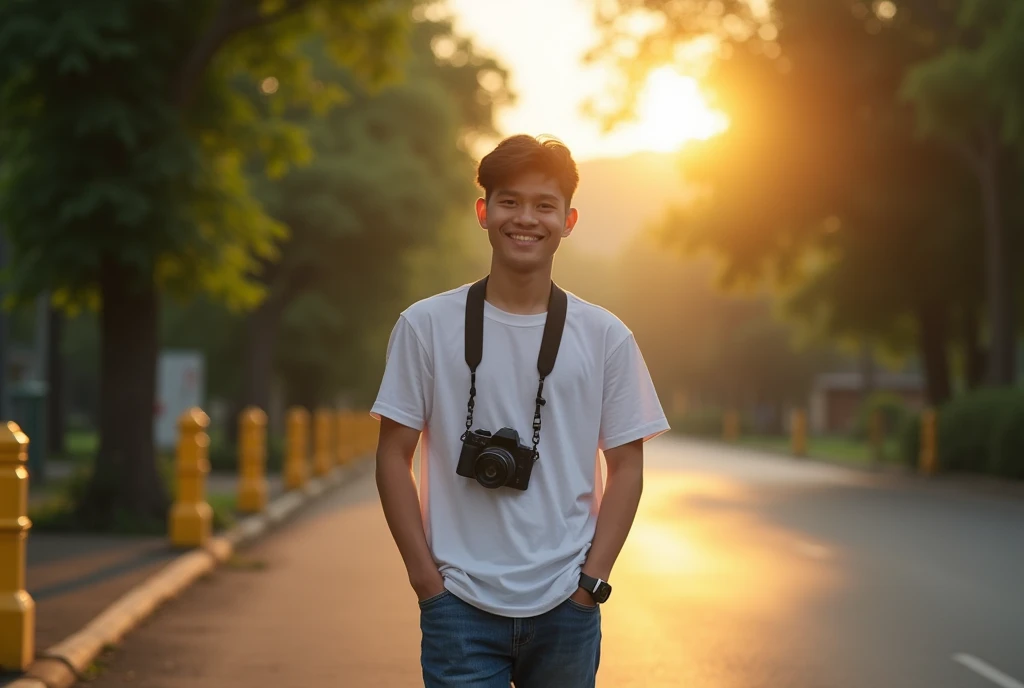 High Resolution, Masterpiece, Accurate, Best Quality, Detail, High Details, High Quality, Realistic photo. A 30 year old Indonesian husband, wearing a white t shirt, short dark hair, white skin, height: 160 cm, weight: 55 kg. The image is a portrait of a young man standing on the side of a road. He is wearing a white t shirt, blue jeans and has short dark hair. The man with a camera hanging around his neck, he is smiling at the camera. The sun is setting in the background, casting a warm glow over the scene. The road is lined with trees on both sides and there are yellow bollards on the left side. The overall mood of the image is peaceful and serene
