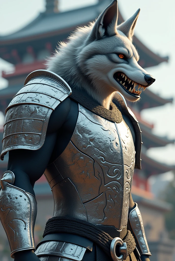 A muscular anthropomorphic wolf wearing silver samurai armor、The five-story pagoda in the background、Standing facing forward、The whole body is shown
