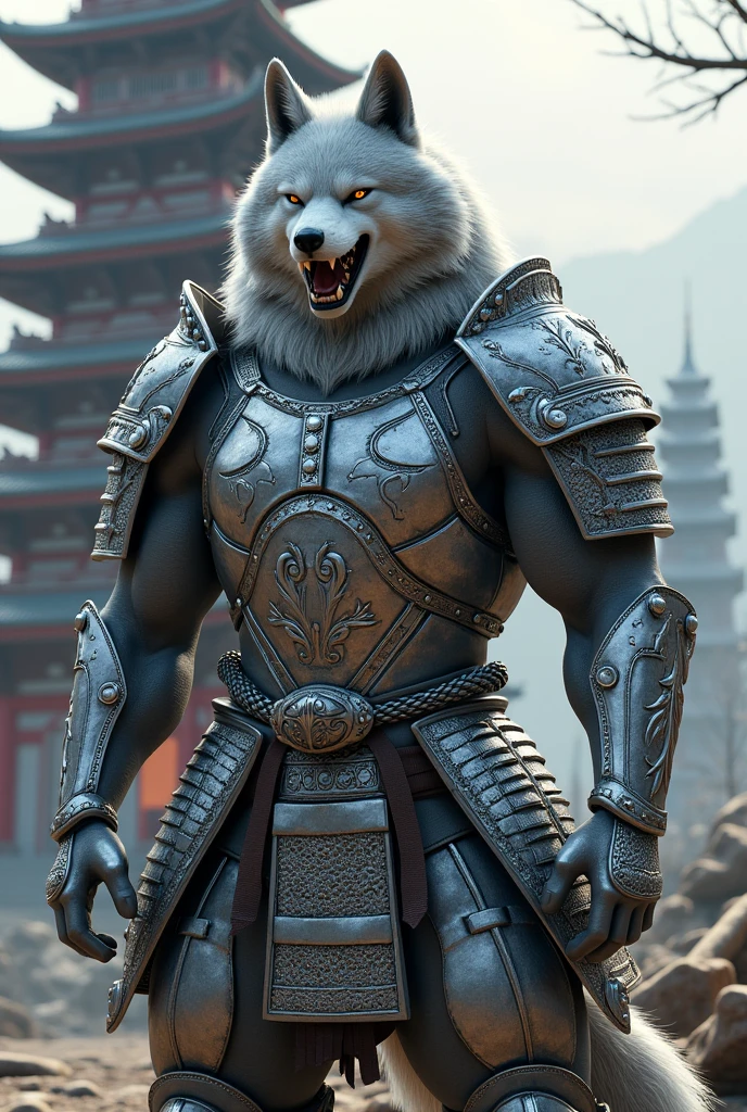 A muscular anthropomorphic wolf wearing silver samurai armor、The five-story pagoda in the background、Standing facing forward、The whole body is shown