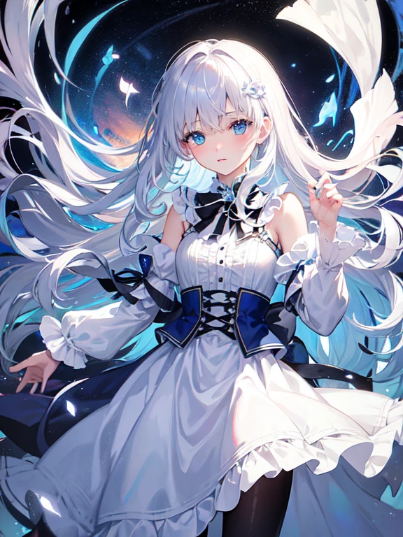 Heterochromia iridis、beautiful、ephemeral、Silver Marble Skin、hope、Highest quality、masterpiece、Magical atmosphere、Blue theme、Extend your hand to the sky、Sunken eyes、General people、Dark atmosphere、White background