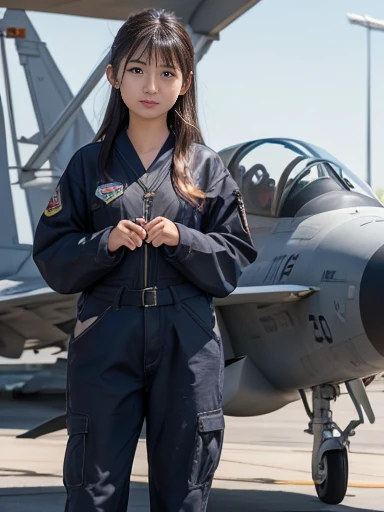 Japanese female, (underweight), (medium bust best quality:1.0), 30 years old,
fighter hangar, semi long, (Oil-stained maintenance clothes), out side, fighter jet