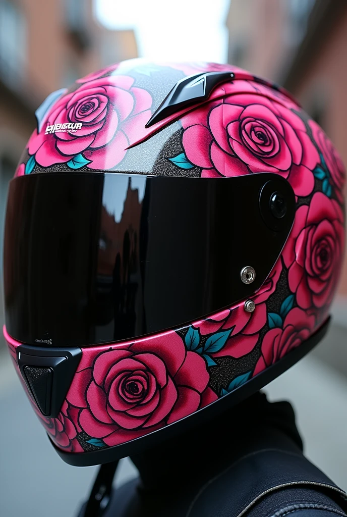Women&#39;s motorcycle helmet in profile with pink graffiti style roses


