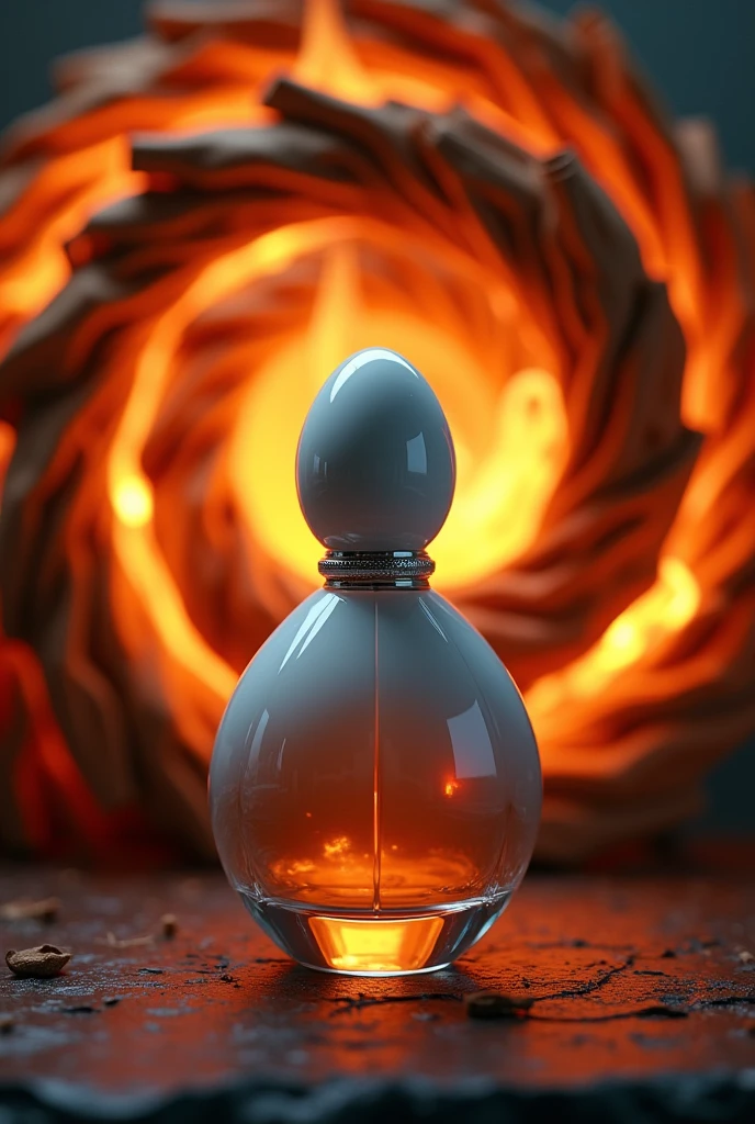 Make a Glamorous Perfume Bottle with an Egg on the Lid, try to keep this image in cool tones. In the background, gently and maintaining elegance, make a spiral of cinnamon and patchouli leaves intertwining in a vibrant flame.. The flame should radiate warm colors, como laranja e vermelho, to symbolize transformation and personal power. I want this extremely realistic image Wind of Prosperity