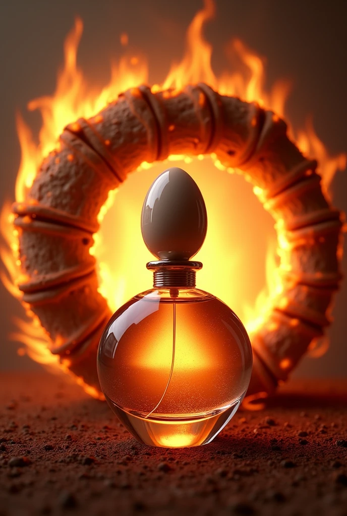 Make a Glamorous Perfume Bottle with an Egg on the Lid, try to keep this image in cool tones. In the background, gently and maintaining elegance, make a spiral of cinnamon and patchouli leaves intertwining in a vibrant flame.. The flame should radiate warm colors, como laranja e vermelho, to symbolize transformation and personal power. I want this extremely realistic image Wind of Prosperity