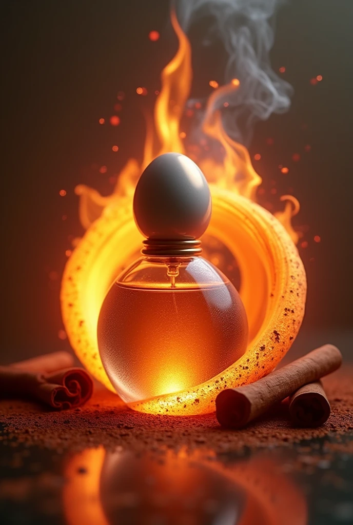 Make a Glamorous Perfume Bottle with an Egg on the Lid, try to keep this image in cool tones. In the background, gently and maintaining elegance, make a spiral of cinnamon and patchouli leaves intertwining in a vibrant flame.. The flame should radiate warm colors, como laranja e vermelho, to symbolize transformation and personal power. I want this extremely realistic image Wind of Prosperity
