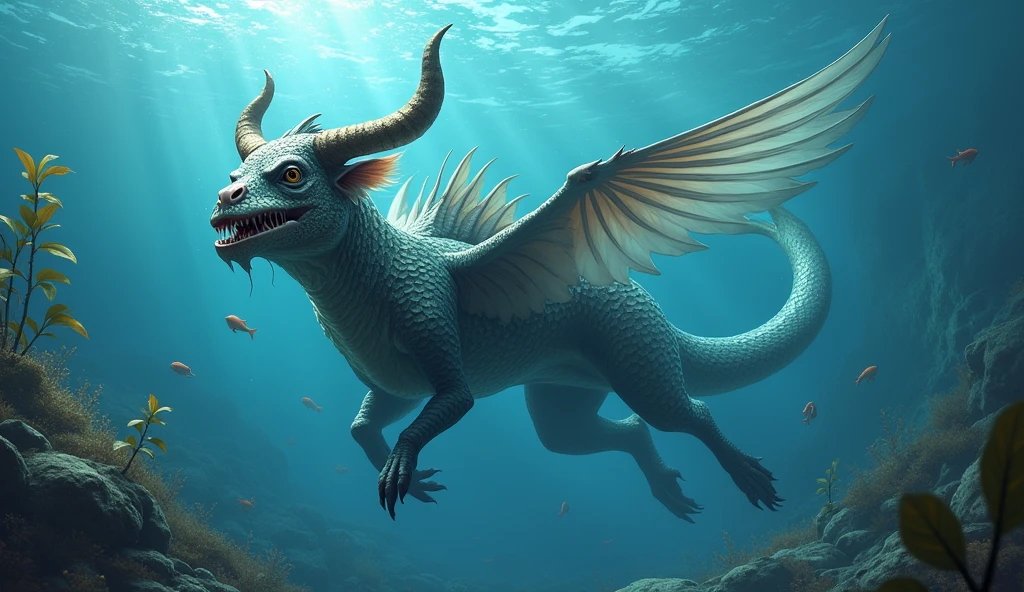 There is a fish underwater with a bull's head and a snake's tail,Wings growing from the ribs(best quality,4K,8k,High level,masterpiece:1.2),Ultra Detailed,(lifelike,Photo real,Photo real:1.37)