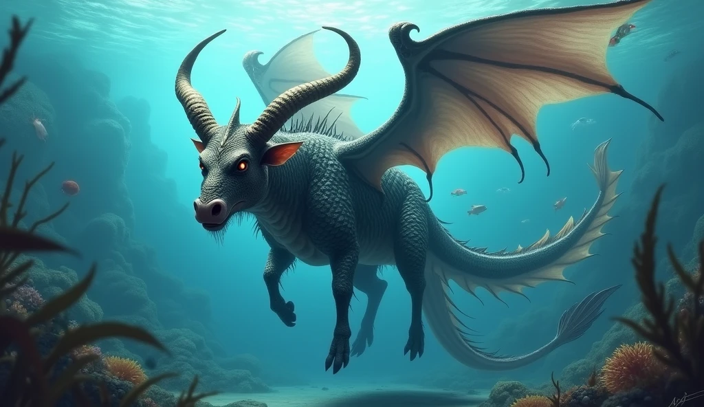 There is a fish underwater with a bull&#39;s head and a snake&#39;s tail，Wings growing from the ribs（best quality，4K，8k，High level，masterpiece：1.2），Ultra Detailed，（lifelike，Photo real，Photo real：1.37）