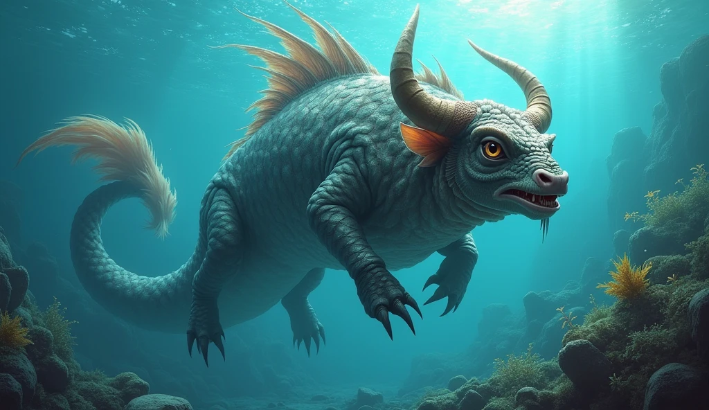 There is a fish underwater with a bull's head and a snake's tail,Wings growing from the ribs(best quality,4K,8k,High level,masterpiece:1.2),Ultra Detailed,(lifelike,Photo real,Photo real:1.37)