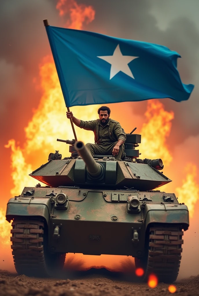 Somali man driving tank with fire background and waving blue somali flag