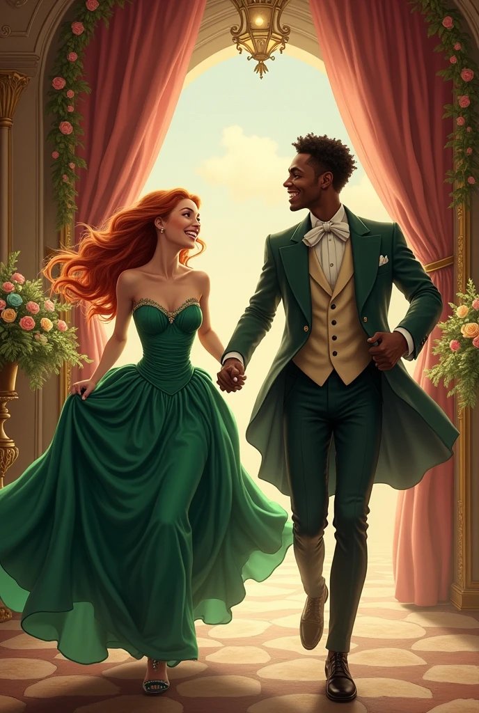Make a photo of a prince and princess couple in the Victorian era in realism, running out of a castle hand in hand, they are laughing a lot, and the castle has a wedding decoration.
The princess is aged 18 and wears a long, puffy emerald green dress., with long, hip-length red hair, wavy and loose, she is white with blue eyes, She holds the hem of her dress with one hand while holding her lover's hand with the other..
The prince is 2., dark skin tone but being a mixed race African and European. His Afro features are evident but softened due to his genetic mix., with short straight hair but well shaped on her face, green eyes and smiles happily, he wears a wedding suit. He was the groom.