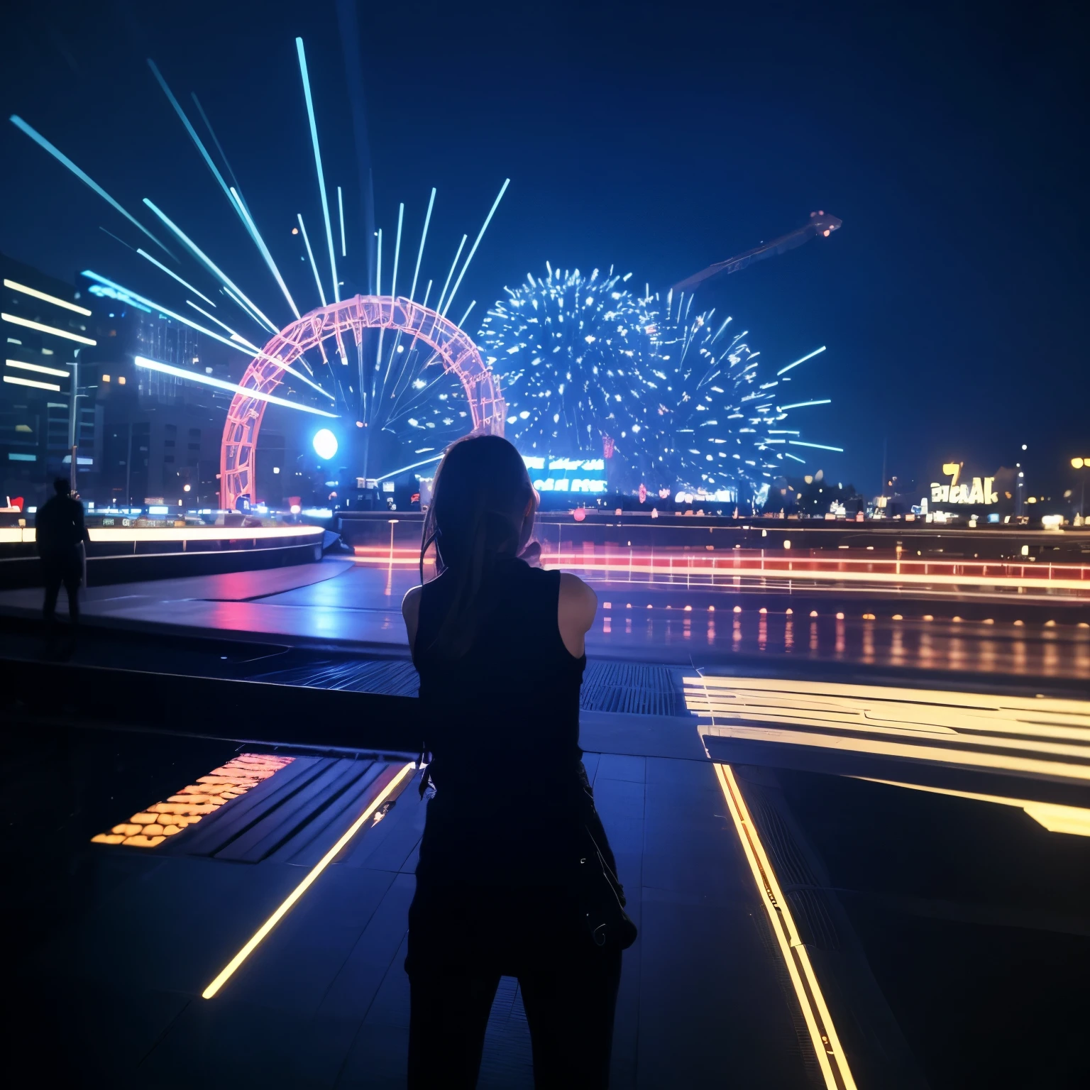 Create a vibrant EDM album cover featuring a futuristic cityscape at night. The skyline should be illuminated by neon lights in shades of electric blue, purple, and pink, casting reflections on the sleek, metallic surfaces of the buildings. In the foreground, a silhouette of a DJ stands at a turntable, with soundwaves and geometric shapes radiating from the center, symbolizing powerful beats. The sky is filled with abstract, swirling patterns and pulsating light trails, adding a sense of motion and energy. The overall design should convey the intensity and excitement of an EDM experience.