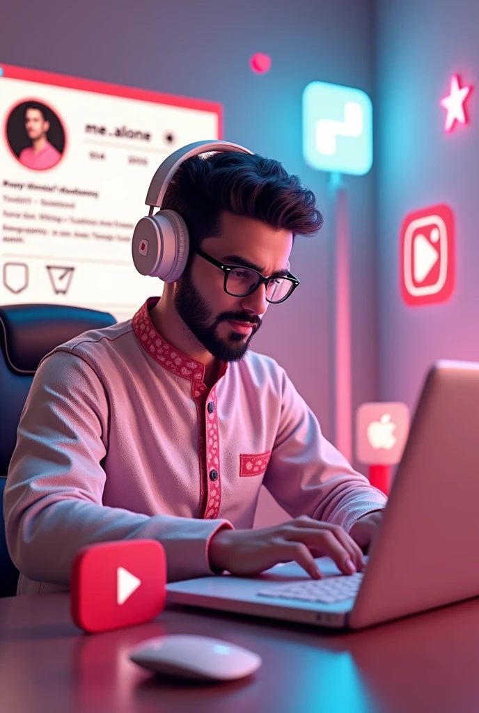 Prompt -

Create a 3D illustration featuring a realistic 30-year-old beautiful bearded boy busy developing software on a chair in front of a 3d logo of YouTube, YouTube user name is Om Jaiswal, The boy wearing pink and white kurta pajama, with glasses, with headphones, The background of the image should showcase a "Instagram" page and the username The Me.Alone and a matching profile picture] and modify it according to your perspective.
