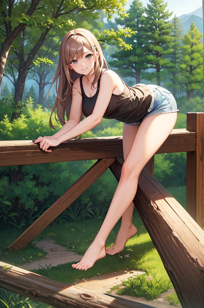 Best Quality, ultra detailed, photorealistic: 1.39) masterpiece, Best Quality, beautiful trees, rocky mountain, flores, by magenta, shy smile, making a shy expression, stylish hairstyle, on a plantation, wooden fence, adventurer clothing, mono, Tank top and beautiful women&#39;s sneakers