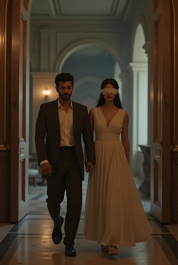 (Puja, with a blindfold over her eyes, is being guided by Rohit inside the palace.
• She is dressed in a simple yet elegant outfit, her expression curious and trusting.
• The grand, yet ominous, interiors of the palace are partially visible behind them.
• The overall mood is a mix of romance and mystery.
Kartun image 3d