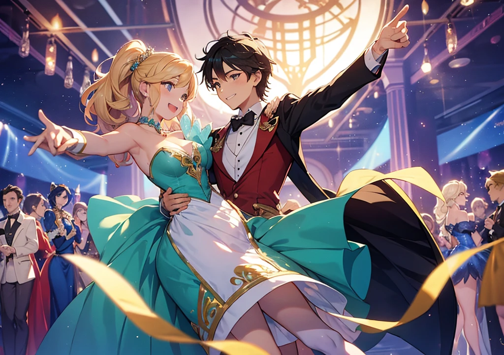 A scene of Disney princess-style characters elegantly dancing and enjoying themselves at a fantasy cabaret ball