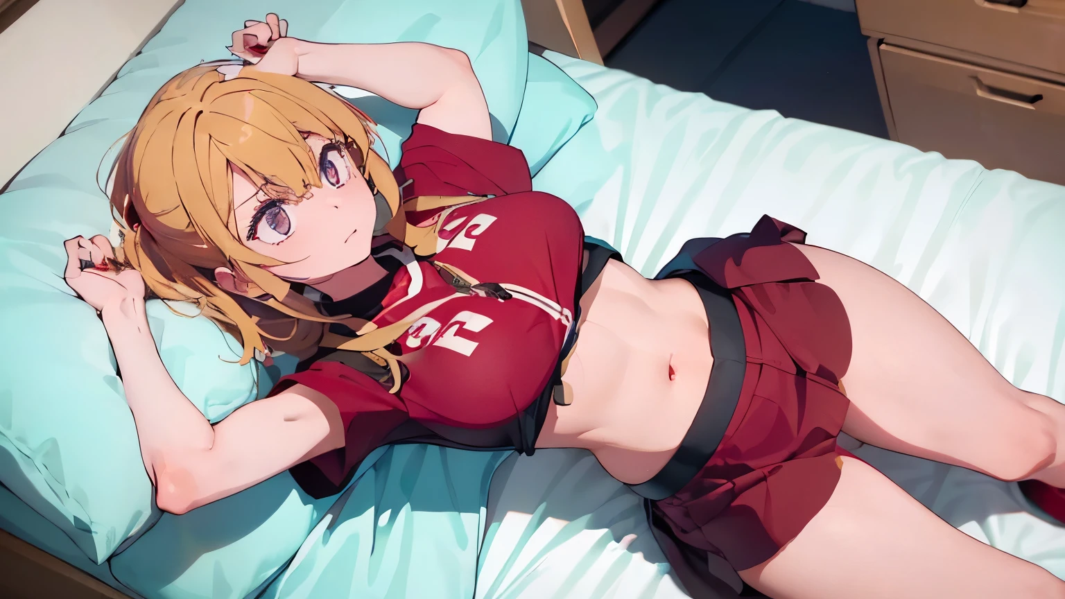 a 2 girl (having anal sex ) (perspective from above) (His face shows great anger) (with arms on the bed and butt raised) with short blonde hair, eyes the color of honey, and a slim body, crouching on a bed. his face is refined, and wears a red pizza delivery uniform. She wears a cap that matches the red color of her uniform and a red skirt..