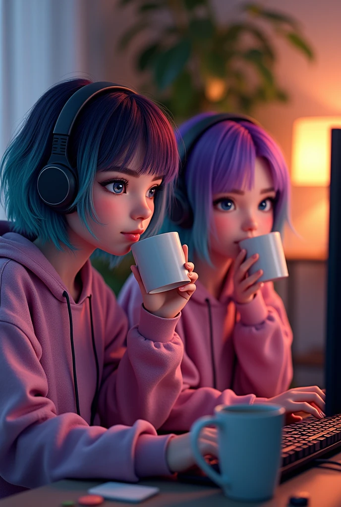 2 Gamer-Girls, High resolution, best quality, shorth hair, multi-colored hair, in enger metallic Sweatshirt, sits at home on the computer, Make-up, Happy, Backlight,drink coffee