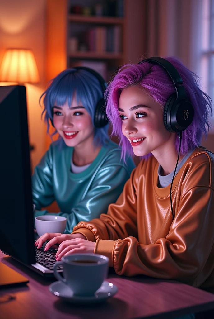 2 Gamer-Girls, High resolution, best quality, shorth hair, multi-colored hair, in enger metallic Sweatshirt, sits at home on the computer, Make-up, Happy, Backlight,drink coffee 