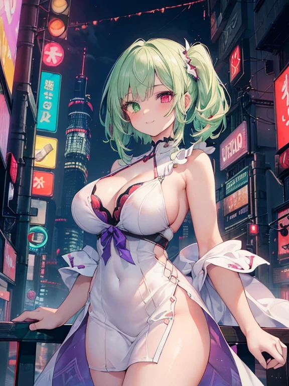 ((1girl)), (masterpiece, best quality), High resolution, Very detailed,4K,8k, ((Anatomically correct number of limbs),(Anatomically correct number of fingers)), ((seductive smile) ,(輝くプリズム色の髪), ((A white dress with a strong sheen that looks like underwear),(Clothes with purple glitter lines)), (heterochromia,(red eye,green eye))), ((big breasts),beautiful breasts,curvy),((Late Night),Cyberpunk cityscape,Vibrant neon glow)