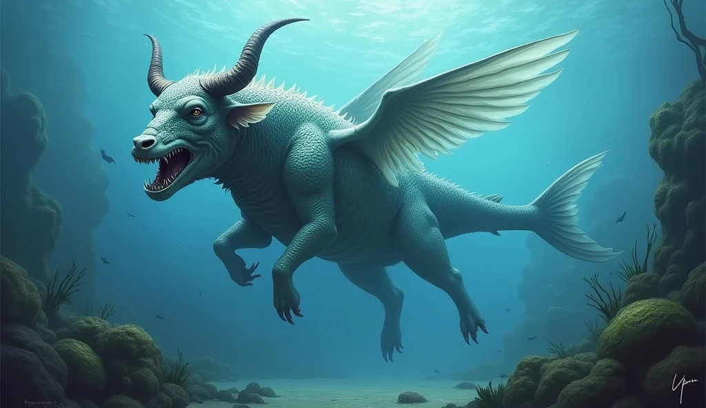 There is a fish underwater with a bull's head and a snake's tail,Wings growing from the ribs(best quality,4K,8k,High level,masterpiece:1.2),Ultra Detailed,(lifelike,Photo real,Photo real:1.37)