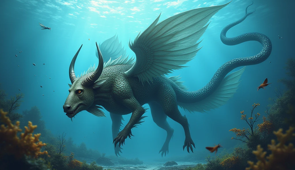 There is a fish underwater with a bull's head and a snake's tail,Wings growing from the ribs(best quality,4K,8k,High level,masterpiece:1.2),Ultra Detailed,(lifelike,Photo real,Photo real:1.37)