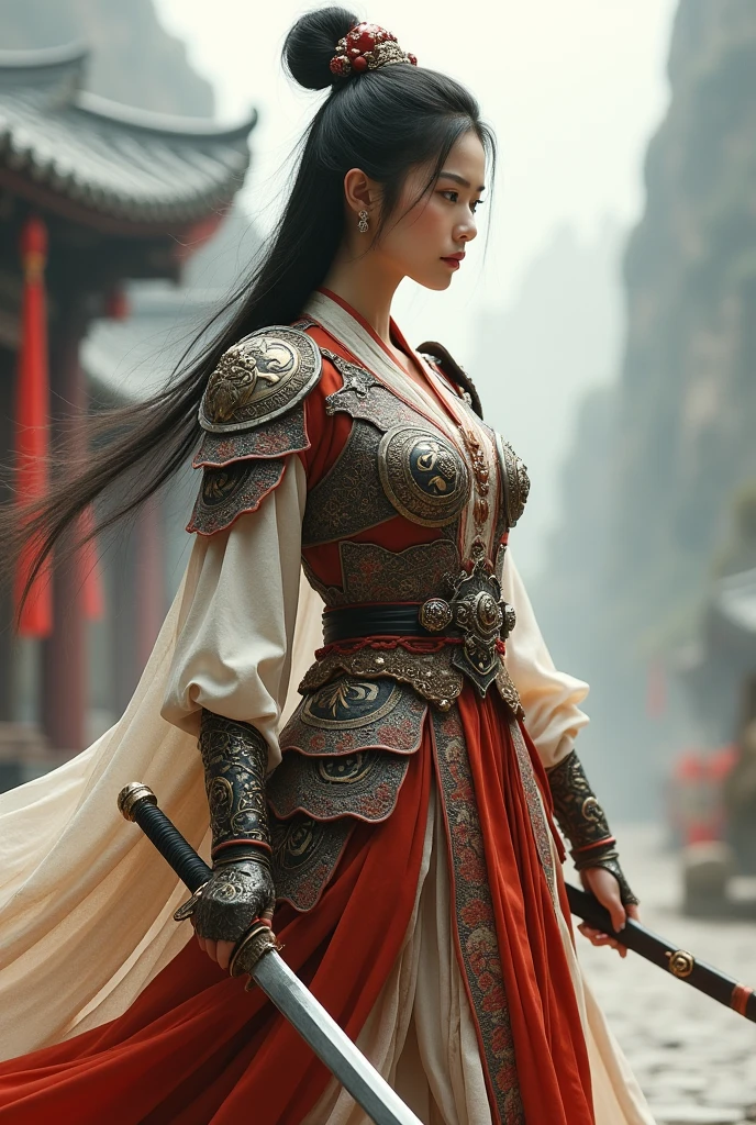 Imagine a traditional Chinese woman, embodying the grace and strength of a warrior. She stands tall and poised, dressed in an intricate warrior's robe made of rich, flowing fabric that reflects the style of ancient China. Her attire is adorned with traditional patterns and armored accents, huge breasts, huge ass, tiny waist, full breasts, long legs, combining elegance with protection. Her hair is styled in a traditional updo, held in place by ornate hairpins, with a few loose strands framing her resolute face. In her hand, she grips a long, finely-crafted sword, its blade gleaming with readiness. Her stance is firm and balanced, exuding both the grace of a well-trained warrior and the quiet dignity of a noblewoman. The background might feature elements like a misty mountain landscape or an ancient palace, enhancing the sense of history and tradition. Her expression is focused, embodying the strength, wisdom, and honor of a true warrior in ancient Chinese culture.