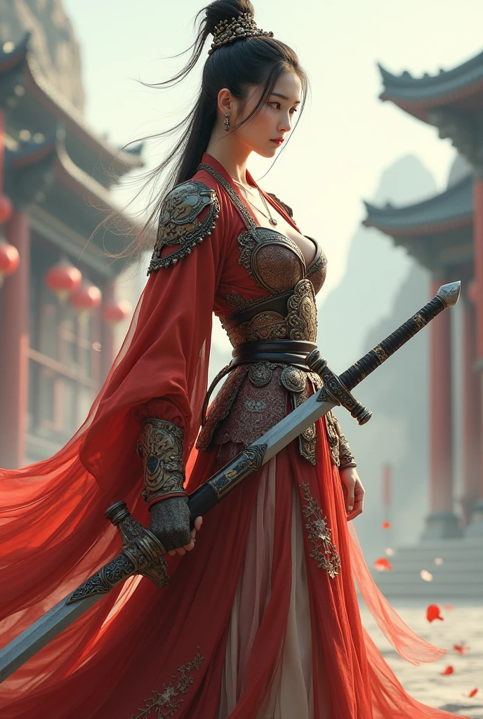 Imagine a traditional Chinese woman, embodying the grace and strength of a warrior. She stands tall and poised, dressed in an intricate warrior's robe made of rich, flowing fabric that reflects the style of ancient China. Her attire is adorned with traditional patterns and armored accents, huge breasts, huge ass, tiny waist, full breasts, long legs, combining elegance with protection. Her hair is styled in a traditional updo, held in place by ornate hairpins, with a few loose strands framing her resolute face. In her hand, she grips a long, finely-crafted sword, its blade gleaming with readiness. Her stance is firm and balanced, exuding both the grace of a well-trained warrior and the quiet dignity of a noblewoman. The background might feature elements like a misty mountain landscape or an ancient palace, enhancing the sense of history and tradition. Her expression is focused, embodying the strength, wisdom, and honor of a true warrior in ancient Chinese culture.