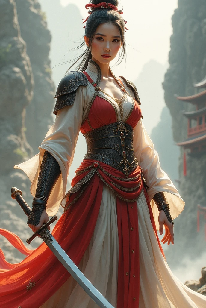 Imagine a traditional Chinese woman, embodying the grace and strength of a warrior. She stands tall and poised, dressed in an intricate warrior's robe made of rich, flowing fabric that reflects the style of ancient China. Her attire is adorned with traditional patterns and armored accents, huge breasts, huge ass, tiny waist, full breasts, long legs, combining elegance with protection. Her hair is styled in a traditional updo, held in place by ornate hairpins, with a few loose strands framing her resolute face. In her hand, she grips a long, finely-crafted sword, its blade gleaming with readiness. Her stance is firm and balanced, exuding both the grace of a well-trained warrior and the quiet dignity of a noblewoman. The background might feature elements like a misty mountain landscape or an ancient palace, enhancing the sense of history and tradition. Her expression is focused, embodying the strength, wisdom, and honor of a true warrior in ancient Chinese culture.