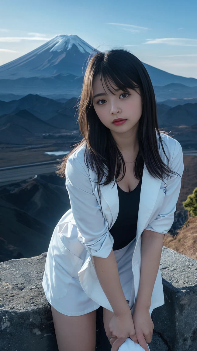 28age、Very beautiful woman、sexy、smile、Clothes are not taken off、(Climb the side of a towering peak, Her muscular legs pushing her up, A breathtaking view from the summit below her,Mount Fuji can be seen in the background.:1.4) , Large Breasts:1.4、H cup breasts:14、Cleavage spilling out of the blouse:1.4、 (female docter, dressed in a professional white long lab coat, Inner is wearing a T-shirts):1.5,Narrow waist, (Beautiful Skin), (Beautiful Eyes), (Detailed skin, Skin wounds:1.2) 24mm, Soft cinematic light, RAW Photos, Complex, elegant, Very detailed, Sharp focus, ((((Cinematic look)))), Insane Details, Ultra-detailed, Low contrast, Exposure Blending, High resolution, Faded, Canon Ae-1で撮Shadow, Shadow, 超High resolution, Highest quality, masterpiece, ((Color images)), Intimate, drop Shadow, Clear Background, blue sky,Mianyun,(Highest quality:1.2), (Very detailed:1.1)