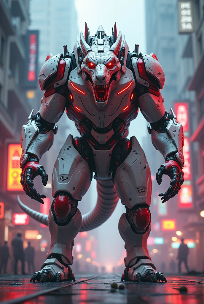 A dinasor is white and red color in robot in neon light in India city monster look in hulk body in lion face