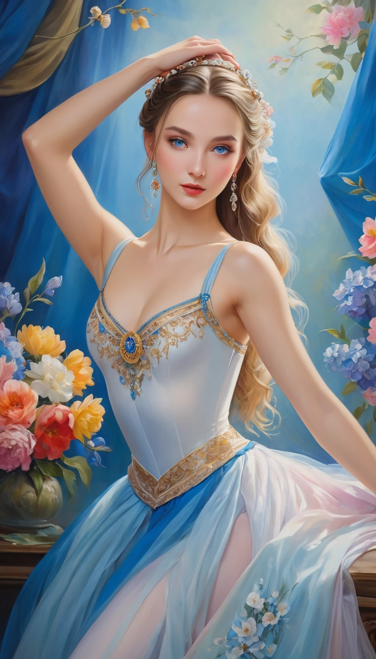(High resolution,masterpiece:1.2),(Realistic:1.37)"(Highest quality, High resolution, Very detailed, Realistic),Portrait of a beautiful Ukrainian ballerina from the 19th century, (She is half Ukrainian and half Japanese.., She is a beautiful woman with deep blue eyes and a high nose..:1.1), Beautiful ballet costumes, Detailed facial features, Long and graceful neck, Flowing locks of hair, Calm and graceful posture, Soft and delicate lighting, Classical Oil Painting Medium, Vibrant colors, Delicate background with floral motifs", Dreamy atmosphere, Surrealism,Mysterious Aura