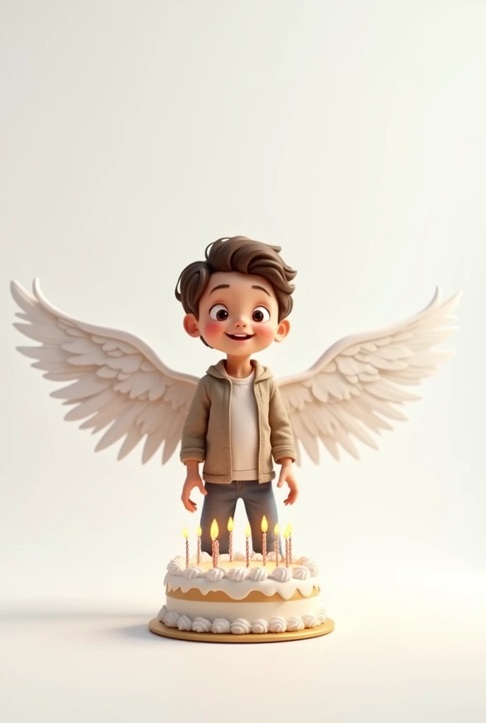 A boy his birthday stand with birthday cake and his behind white wings