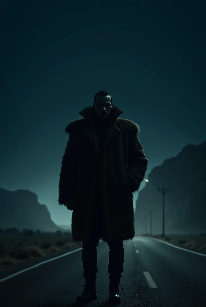 photo of a man standing on the road at night wearing a bison