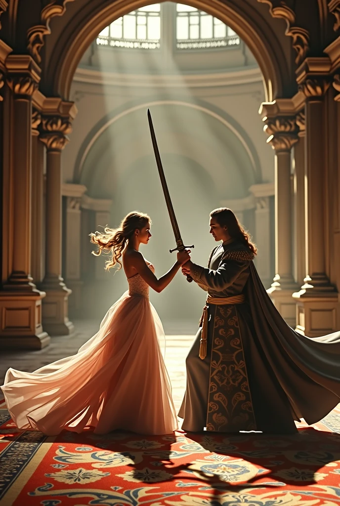 A Princess in a long beautiful gown with his sword fighting with a prince whose Beauty is endless in a beautiful palace 