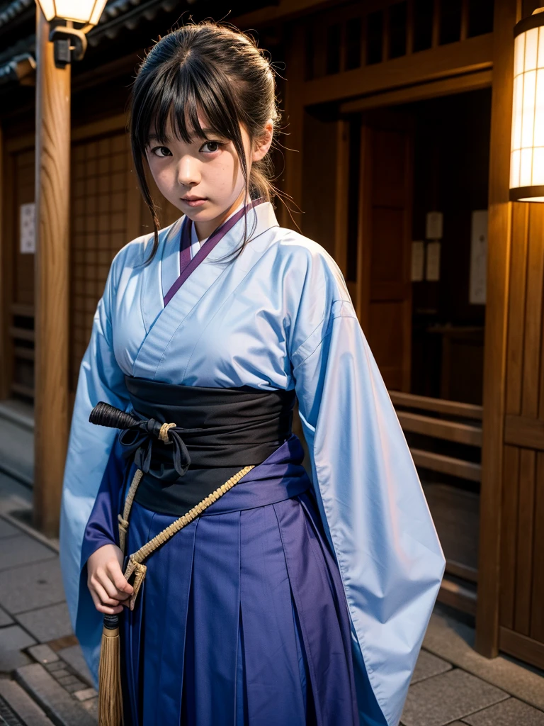 Japanese female elementary school student in Gion at dusk, cosplaying as Okita Souji of the Shinsengumi